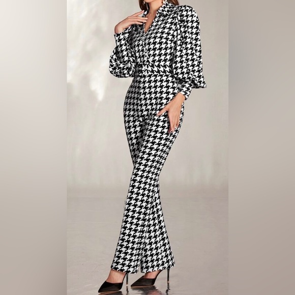Classic Houndstooth Puffed Cuffed Long Sleeve Collar Belted Jumpsuit Flare Pants - Picture 5 of 6